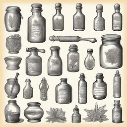 A collection of vintage apothecary clip art sketch illustrations featuring classic elements such as old glass bottles, mortar and pestle, herbs, and medicinal plants