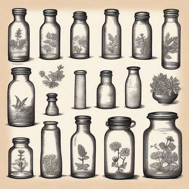 A collection of vintage apothecary clip art sketch illustrations featuring classic elements such as old glass bottles, mortar and pestle, herbs, and medicinal plants