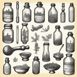 A collection of vintage apothecary clip art sketch illustrations featuring classic elements such as old glass bottles, mortar and pestle, herbs, and medicinal plants