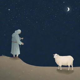 Illustration of the Biblical parable of the Lost Sheep. One shepherd searching in the wilderness for a single stray sheep, under a starlit night sky.