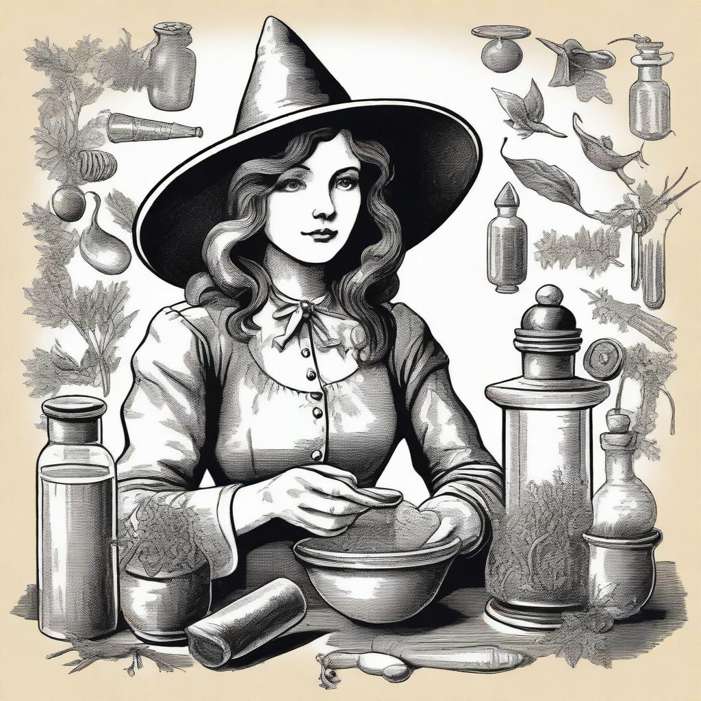 A vintage witch apothecary clip art sketch illustration featuring a classic witch with a pointed hat, surrounded by old glass bottles, herbs, and a mortar and pestle