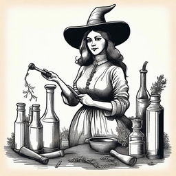 A vintage witch apothecary clip art sketch illustration featuring a classic witch with a pointed hat, surrounded by old glass bottles, herbs, and a mortar and pestle