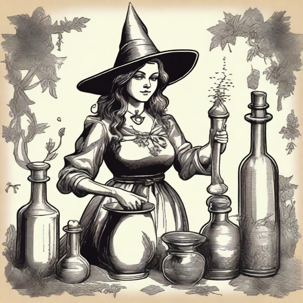 A vintage witch apothecary clip art sketch illustration featuring a classic witch with a pointed hat, surrounded by old glass bottles, herbs, and a mortar and pestle