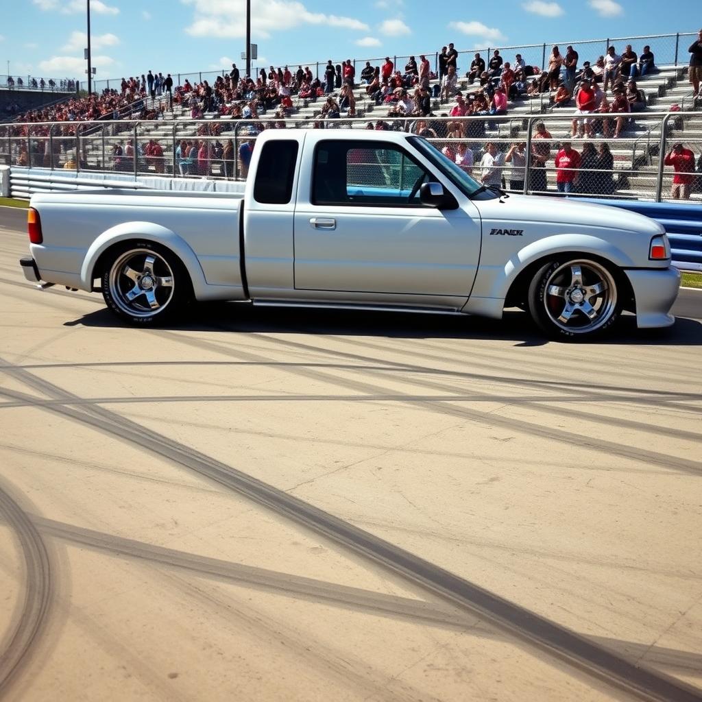 A high-quality image of a lowered, widebody, white 2003 Ford Ranger extended cab, drift-built with American Racing five-star chrome rims and white letter tires