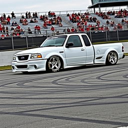 A high-quality image of a lowered, widebody, white 2003 Ford Ranger extended cab, drift-built with American Racing five-star chrome rims and white letter tires