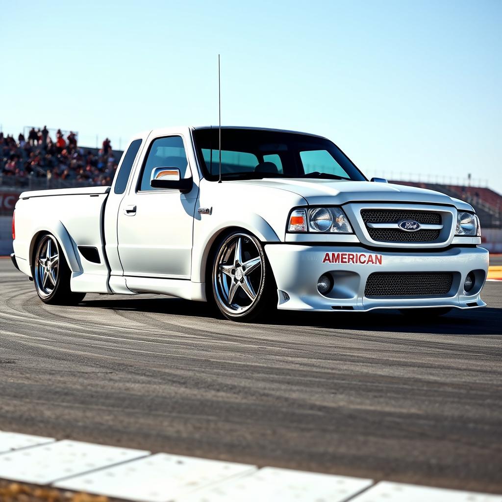 A high-quality image of a lowered, widebody, white 2003 Ford Ranger extended cab, drift-built with American Racing five-star chrome rims and white letter tires