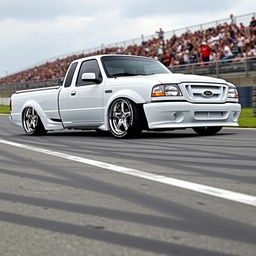 A high-quality image of a lowered, widebody, white 2003 Ford Ranger extended cab, drift-built with American Racing five-star chrome rims and white letter tires