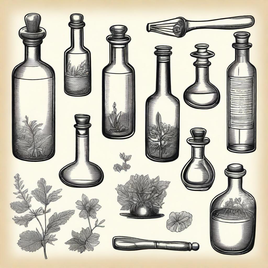 A vintage apothecary clip art sketch illustration featuring classic elements such as old glass bottles, a mortar and pestle, herbs, and medicinal plants