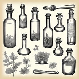 A vintage apothecary clip art sketch illustration featuring classic elements such as old glass bottles, a mortar and pestle, herbs, and medicinal plants