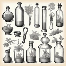 A vintage apothecary clip art sketch illustration featuring classic elements such as old glass bottles, a mortar and pestle, herbs, and medicinal plants