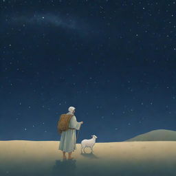 Illustration of the Biblical parable of the Lost Sheep. One shepherd searching in the wilderness for a single stray sheep, under a starlit night sky.