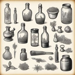 A vintage apothecary clip art sketch illustration featuring classic elements such as old glass bottles, a mortar and pestle, herbs, and medicinal plants