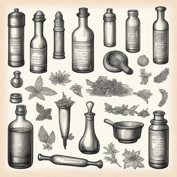 A vintage apothecary clip art sketch illustration featuring classic elements such as old glass bottles, a mortar and pestle, herbs, and medicinal plants