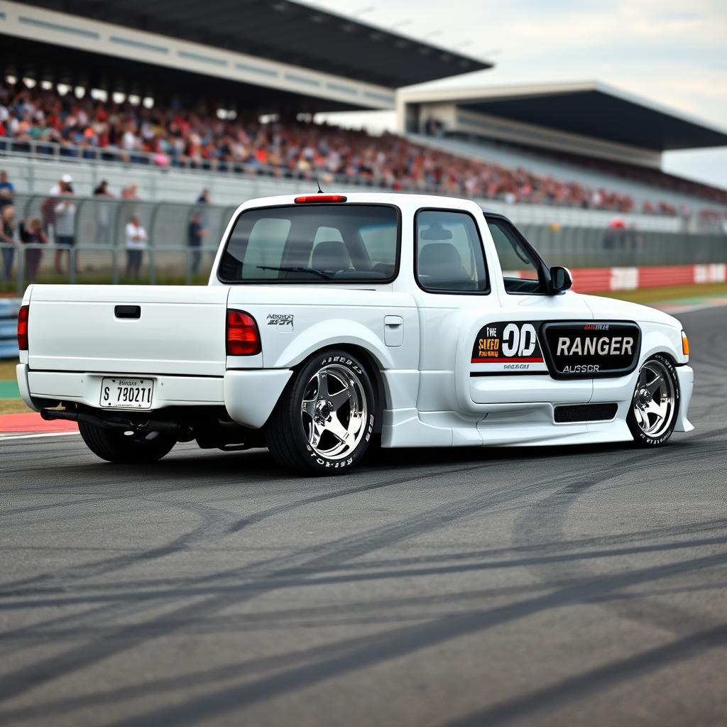 A high-quality image of a lowered, widebody, white 2003 Ford Ranger extended cab, drift-built with American Racing five-star chrome rims and white letter tires