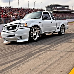 A high-quality image of a lowered, widebody, white 2003 Ford Ranger extended cab, drift-built with American Racing five-star chrome rims and white letter tires