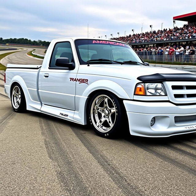 A high-quality image of a lowered, widebody, white 2003 Ford Ranger extended cab, drift-built with American Racing five-star chrome rims and white letter tires