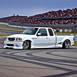 A high-quality image of a lowered, widebody, white 2003 Ford Ranger extended cab, drift-built with American Racing five-star chrome rims and white letter tires