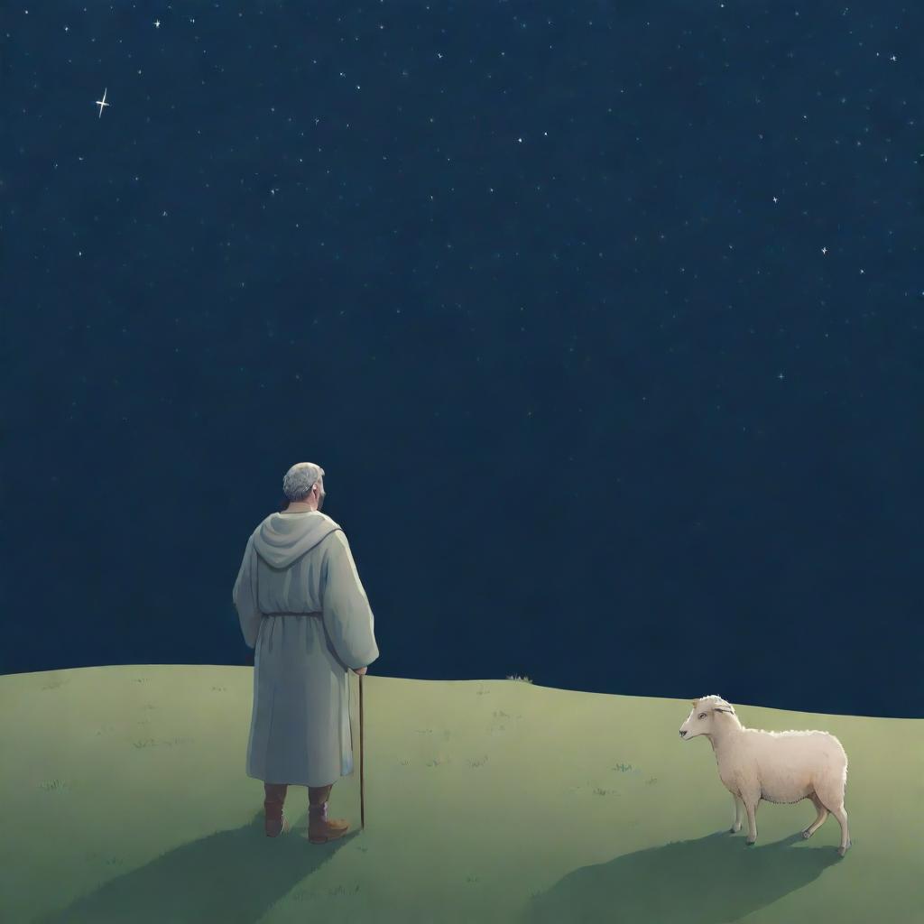 Illustration of the Biblical parable of the Lost Sheep. One shepherd searching in the wilderness for a single stray sheep, under a starlit night sky.