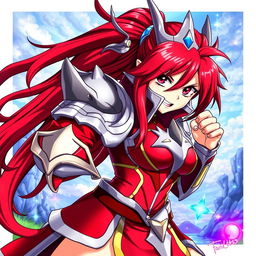 A detailed and vibrant illustration of Erza Scarlet from Fairy Tail, showcasing her in one of her iconic armors, with a dynamic pose and a fierce expression