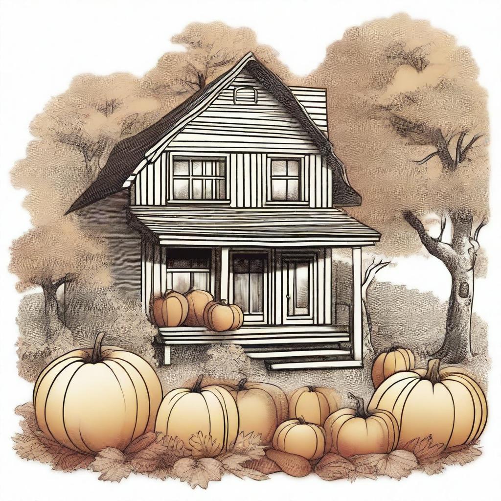 A vintage autumn clip art sketch illustration featuring classic fall elements such as pumpkins, fallen leaves, acorns, and a cozy cabin