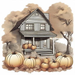 A vintage autumn clip art sketch illustration featuring classic fall elements such as pumpkins, fallen leaves, acorns, and a cozy cabin