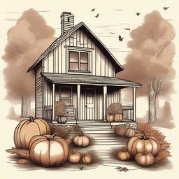 A vintage autumn clip art sketch illustration featuring classic fall elements such as pumpkins, fallen leaves, acorns, and a cozy cabin