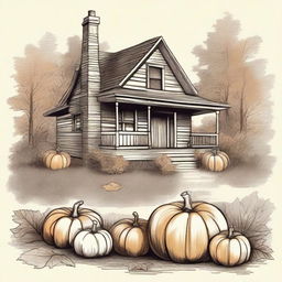 A vintage autumn clip art sketch illustration featuring classic fall elements such as pumpkins, fallen leaves, acorns, and a cozy cabin