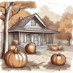 A vintage autumn clip art sketch illustration featuring classic fall elements such as pumpkins, fallen leaves, acorns, and a cozy cabin