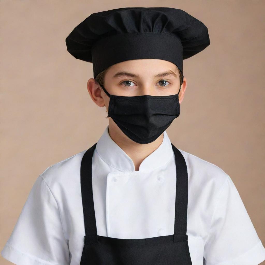 A photorealistic image of an adorable teenage boy wearing a white chef's uniform, black apron, black surgical mask, and black baseball hat.