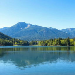 A serene landscape featuring a calm lake surrounded by lush green trees and mountains in the background under a clear blue sky