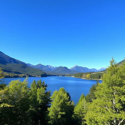 A serene landscape featuring a calm lake surrounded by lush green trees and mountains in the background under a clear blue sky