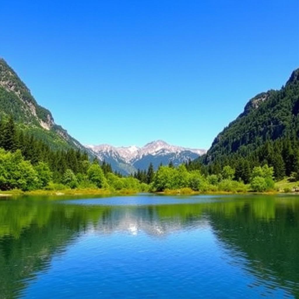 A serene landscape featuring a calm lake surrounded by lush green trees and mountains in the background under a clear blue sky