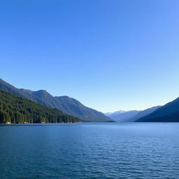 A serene landscape featuring a calm lake surrounded by lush green trees and mountains in the background under a clear blue sky