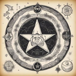 A vintage pagan clip art sketch illustration featuring classic pagan symbols and elements such as pentagrams, moon phases, ancient runes, and mystical herbs