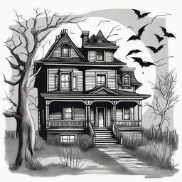 A vintage haunted house clip art sketch illustration featuring a spooky, old-fashioned haunted house with eerie details such as broken windows, overgrown vines, and a full moon in the background