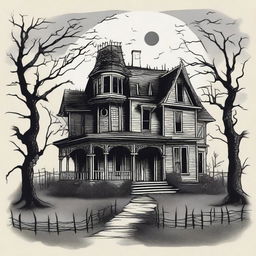 A vintage haunted house clip art sketch illustration featuring a spooky, old-fashioned haunted house with eerie details such as broken windows, overgrown vines, and a full moon in the background