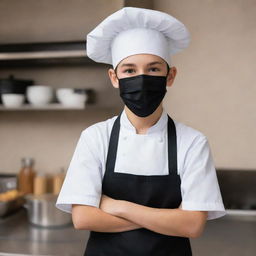 A photorealistic image of an adorable teenage boy wearing a white chef's uniform, black apron, black surgical mask, and black baseball hat.