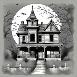 A vintage haunted house clip art sketch illustration featuring a spooky, old-fashioned haunted house with eerie details such as broken windows, overgrown vines, and a full moon in the background