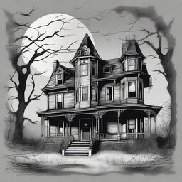 A vintage haunted house clip art sketch illustration featuring a spooky, old-fashioned haunted house with eerie details such as broken windows, overgrown vines, and a full moon in the background