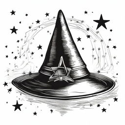 A vintage witch hat clip art sketch illustration featuring a classic pointed witch hat with a buckle and some mystical elements like stars and moons