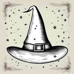 A vintage witch hat clip art sketch illustration featuring a classic pointed witch hat with a buckle and some mystical elements like stars and moons