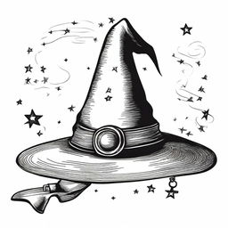 A vintage witch hat clip art sketch illustration featuring a classic pointed witch hat with a buckle and some mystical elements like stars and moons