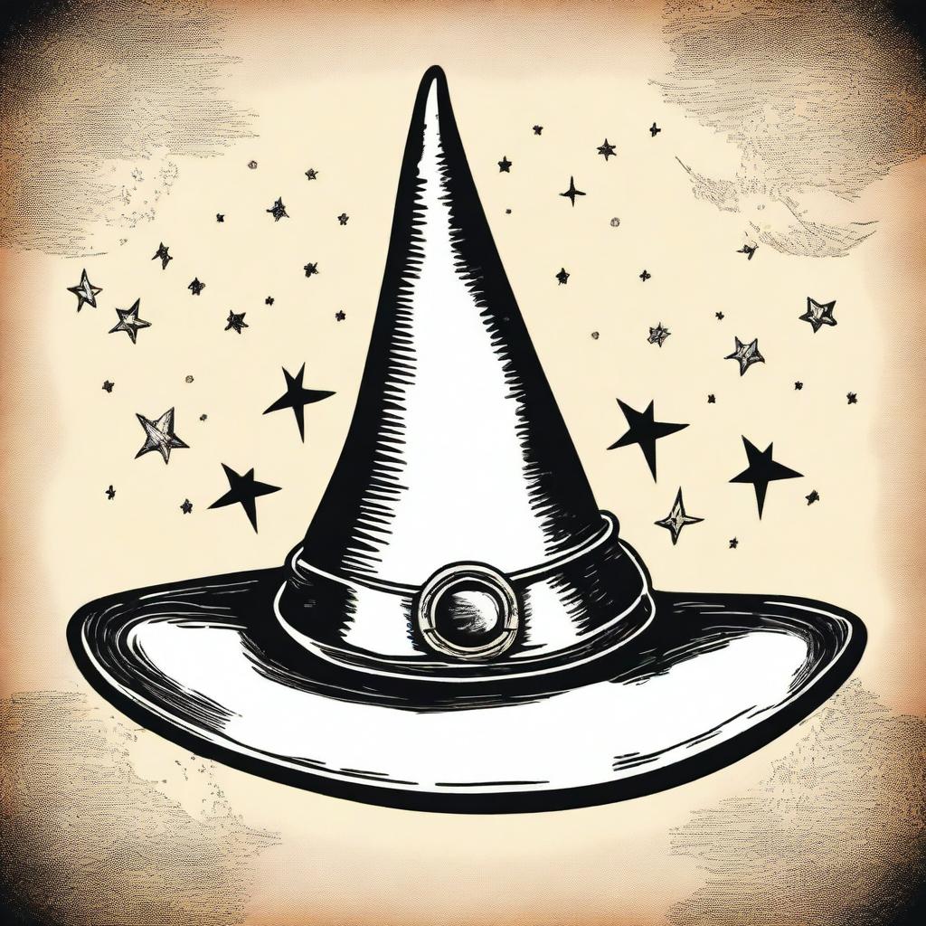 A vintage witch hat clip art sketch illustration featuring a classic pointed witch hat with a buckle and some mystical elements like stars and moons