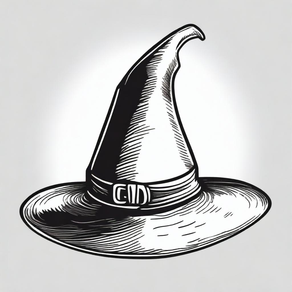 A vintage witch hat clip art sketch illustration featuring a classic pointed witch hat with a wide brim and a slightly bent tip