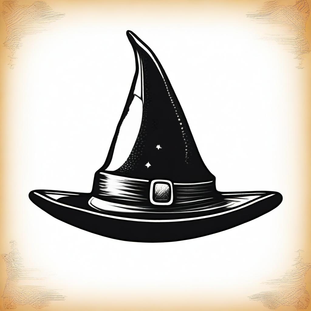 A vintage witch hat clip art sketch illustration featuring a classic pointed witch hat with a wide brim and a slightly bent tip