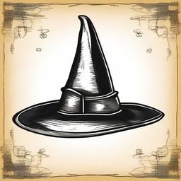 A vintage witch hat clip art sketch illustration featuring a classic pointed witch hat with a wide brim and a slightly bent tip