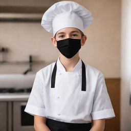 A photorealistic image of an adorable teenage boy wearing a white chef's uniform, black apron, black surgical mask, and black baseball hat.