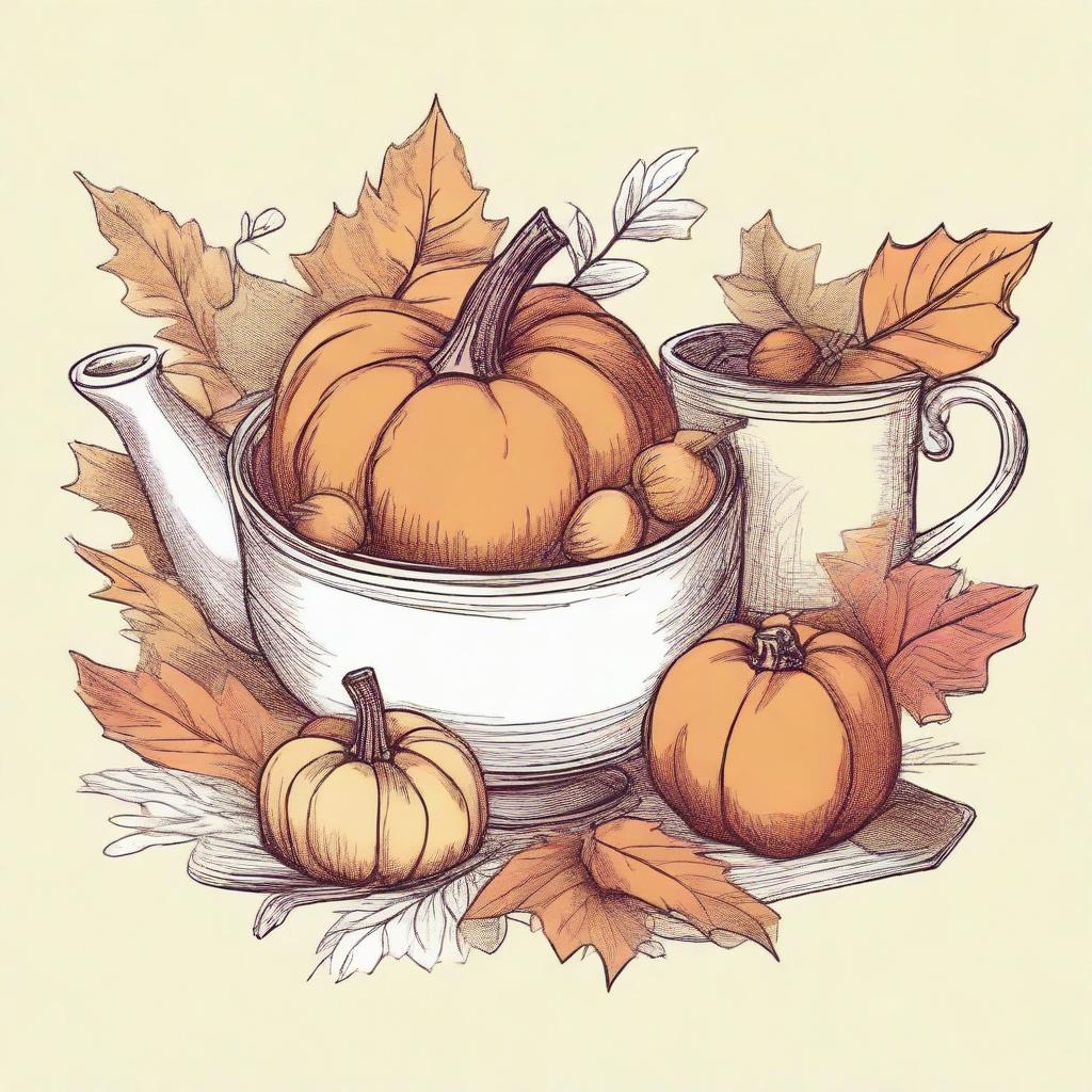 A vintage autumn clip art sketch illustration featuring classic autumn elements such as falling leaves, acorns, pumpkins, and a cozy scarf