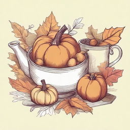 A vintage autumn clip art sketch illustration featuring classic autumn elements such as falling leaves, acorns, pumpkins, and a cozy scarf