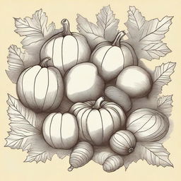 A vintage autumn clip art sketch illustration featuring classic autumn elements such as falling leaves, acorns, pumpkins, and a cozy scarf